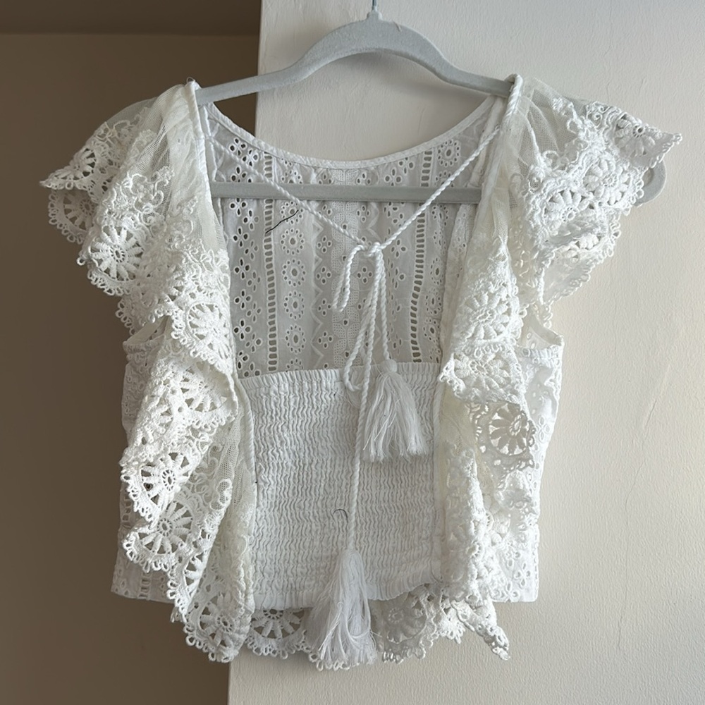 Free People Aurelia Eyelet Top White Cropped Lace Tieback Extra Small EUC - Picture 4 of 6